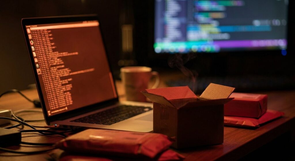 An open red cardboard box with faint smoke rising from it sits beside a laptop showing red terminal text, symbolizing a hidden malicious payload inside trojanized npm packages
