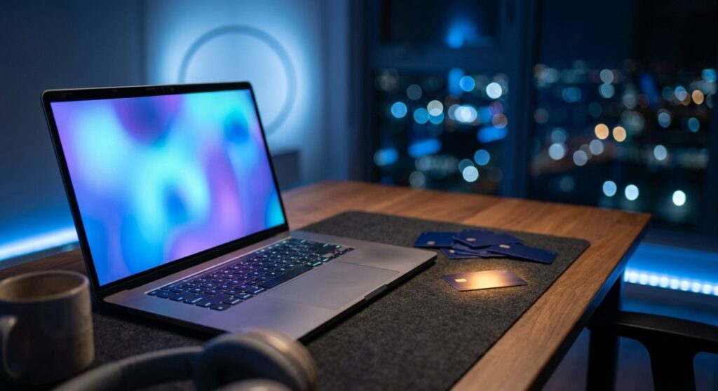 A laptop glowing with an abstract blue registration screen on a desk at night, next to a stack of blue ID badges and one glowing amber badge signifying elevated access