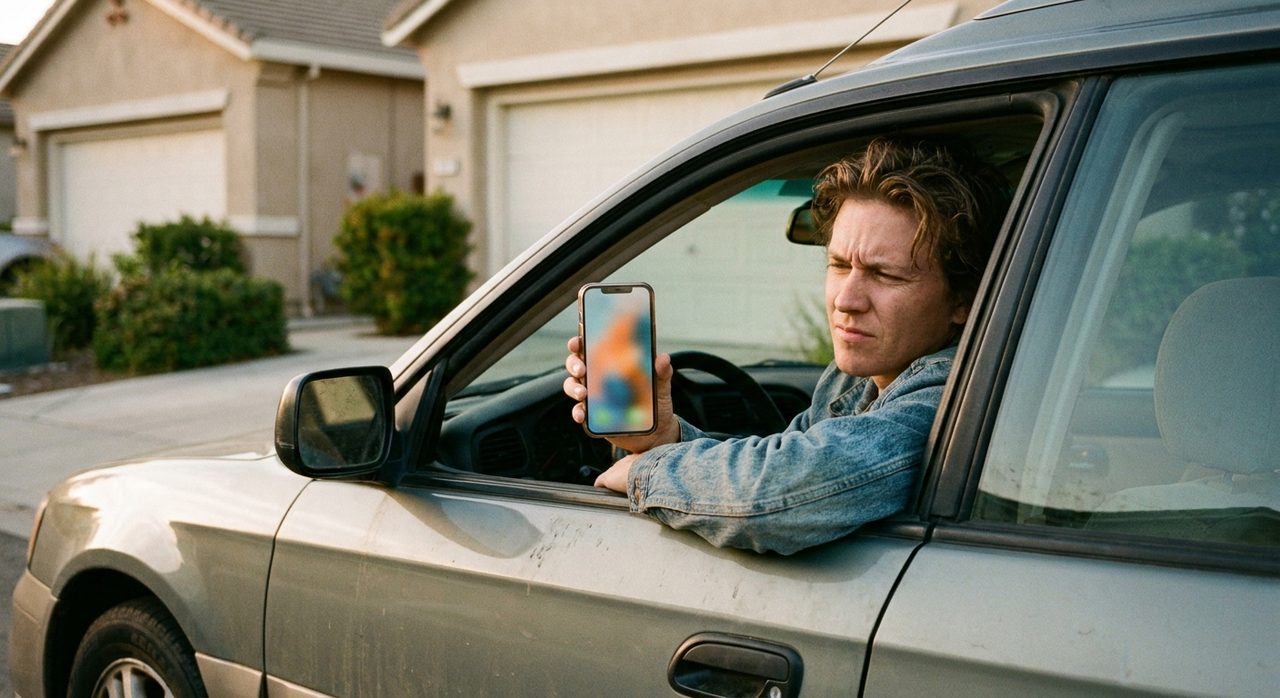 A person sitting in a parked car in a driveway checking a vehicle valuation estimate on their phone