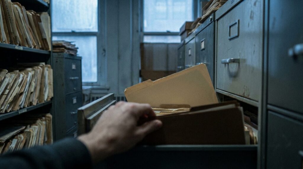 A hand sliding a folder into an open metal filing cabinet drawer among rows of archived paper files, illustrating an unauthorized file being written into an existing directory