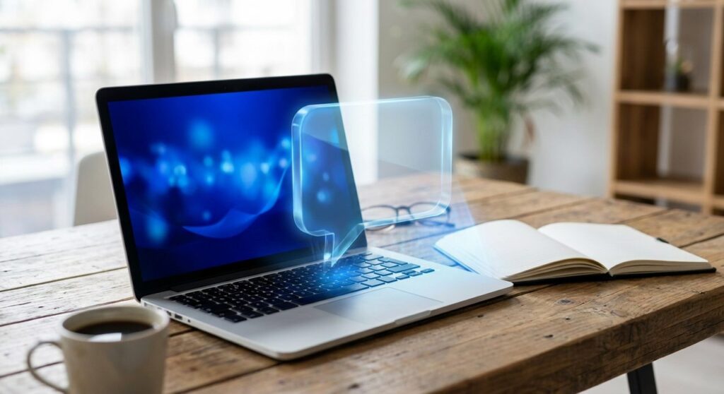 Laptop glowing with Webflow blue light on a wooden desk, with a translucent AI chat bubble hovering above the keyboard, representing Webflow AI skills in ChatGPT and Codex