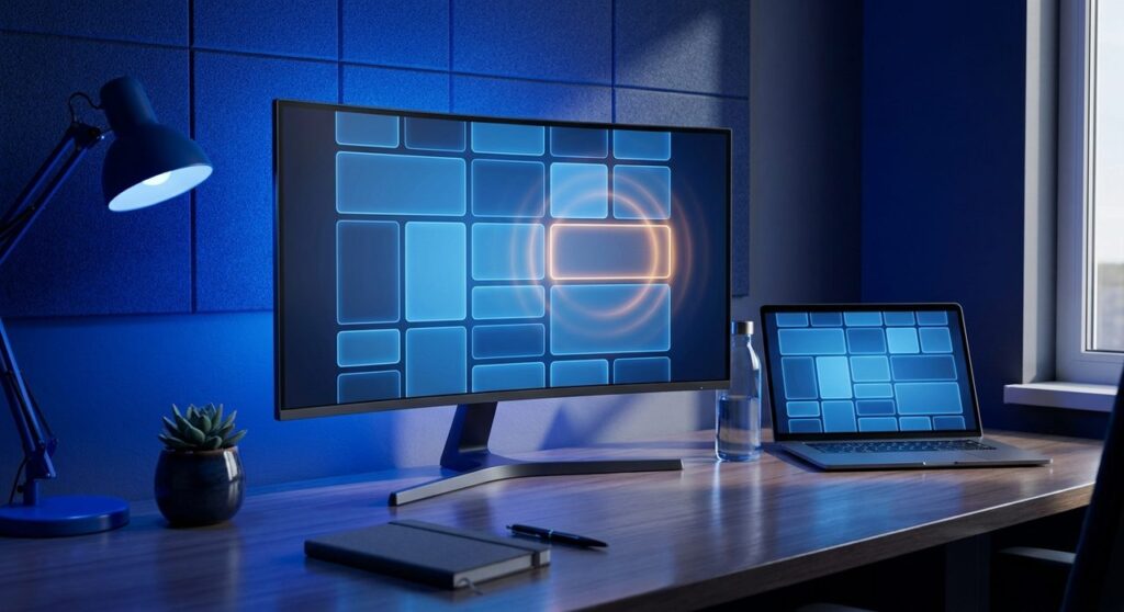 A blue-lit desk scene with a monitor and laptop showing an abstract grid of website page blocks, one glowing with a warm freshness signal, representing Webflow's new per-page sitemap timestamps