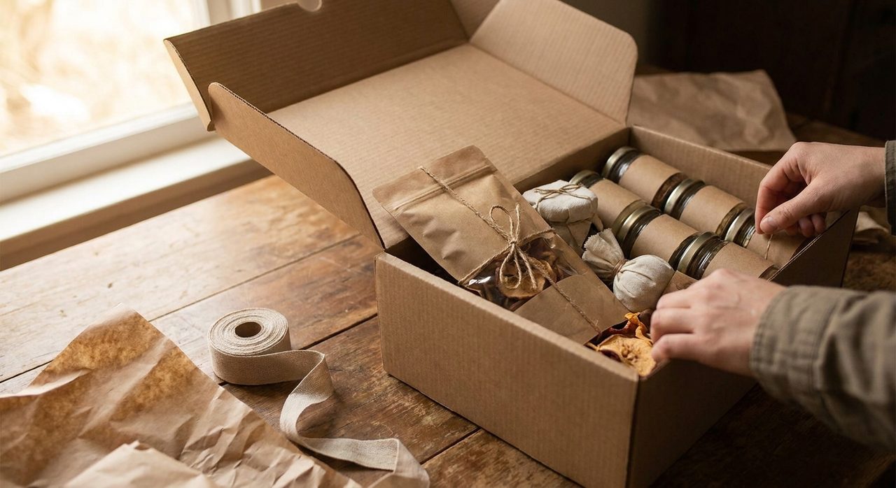 Close-up of a curated gift bundle box being hand packed with wrapped snack items, ribbon, and tissue paper