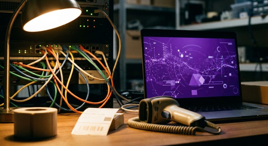 A server rack with tangled network cables next to a laptop showing an abstract purple data visualization, with a barcode scanner and shipping labels on the desk, representing a large WooCommerce product catalog sync