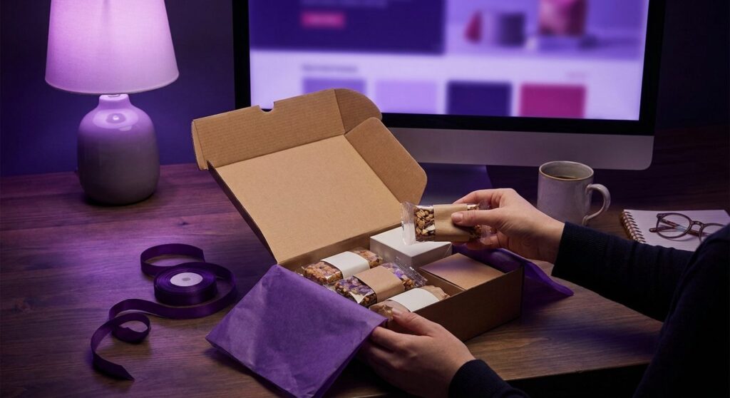 A gift bundle box being packed by hand next to a desk monitor glowing with WooCommerce purple, representing a custom WooCommerce product bundle build