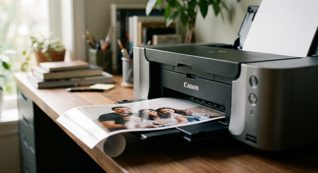 A photo printer mid-print with a partially printed photograph emerging from it in a home office