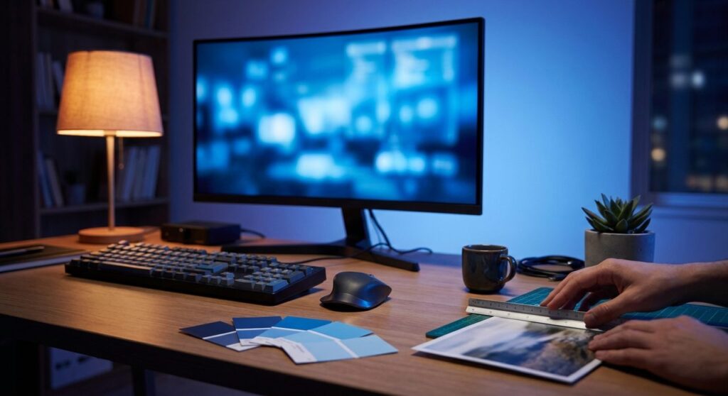 A developer's desk at night with a monitor glowing WordPress blue, blue color-breakpoint swatches, and a photo print being cropped with a ruler