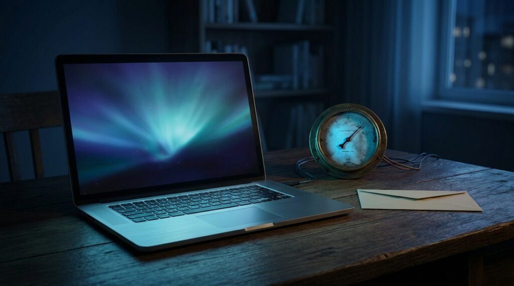 A laptop and an antique analog monitoring gauge glowing blue on a dark desk at night, symbolizing a quietly exploited server monitoring vulnerability