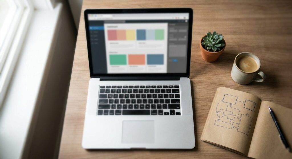 A laptop showing a soft dashboard mockup next to a hand-drawn content architecture diagram in a notebook, representing planning a data structure before adding AI features to a website.