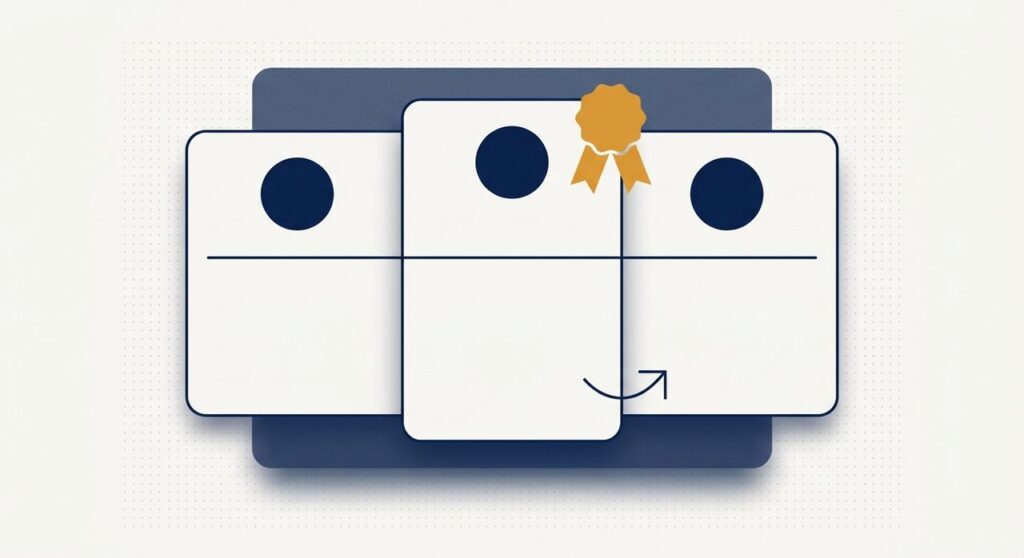 Flat illustration of three affiliate product comparison table cards with one featured pick badge, representing WordPress affiliate comparison table plugins