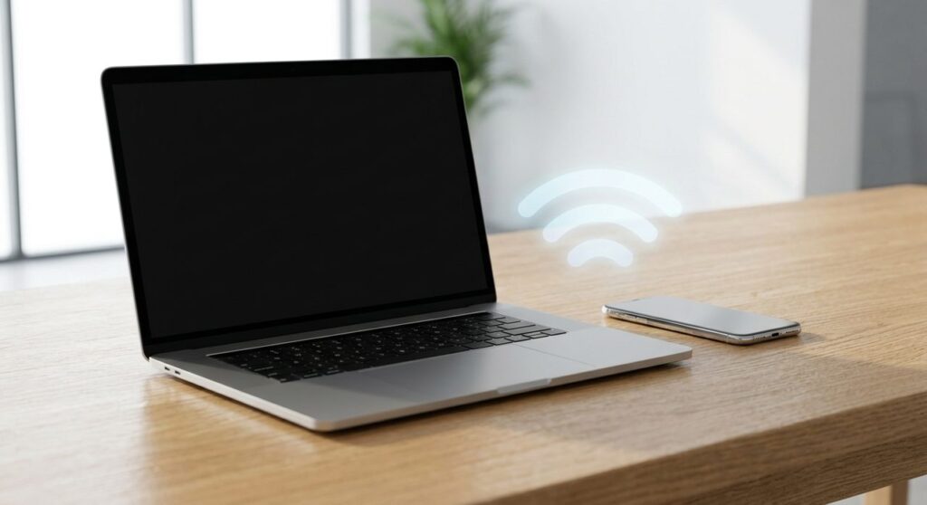 A laptop and smartphone on a desk with a soft blue wireless signal glow between them, representing a Bluetooth security vulnerability