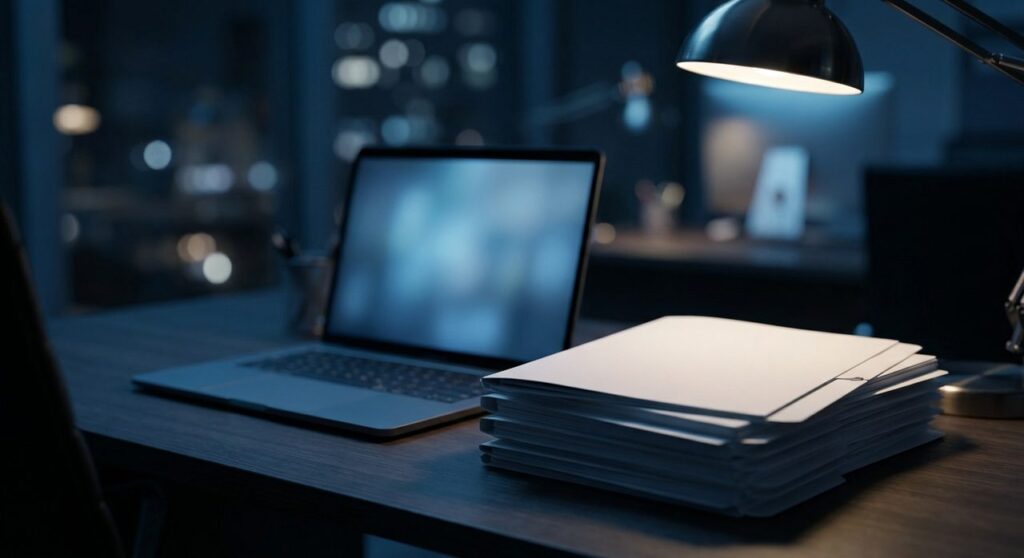 A laptop and a stack of file folders on a dim desk, symbolizing a file landing where it should not on a WordPress site.