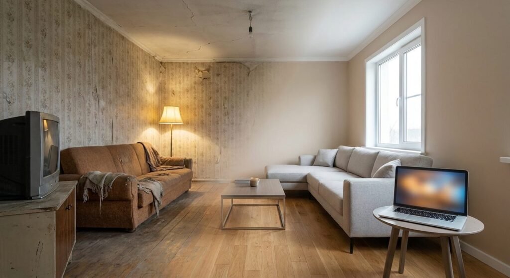 A split living room showing a worn, dated half next to a bright, renovated half, illustrating a before and after transformation