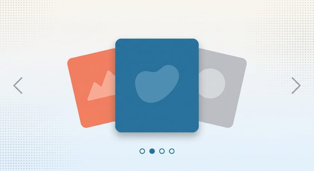 Flat-design illustration of overlapping carousel slide cards with pagination dots and navigation arrows, representing WordPress Gutenberg carousel block plugins