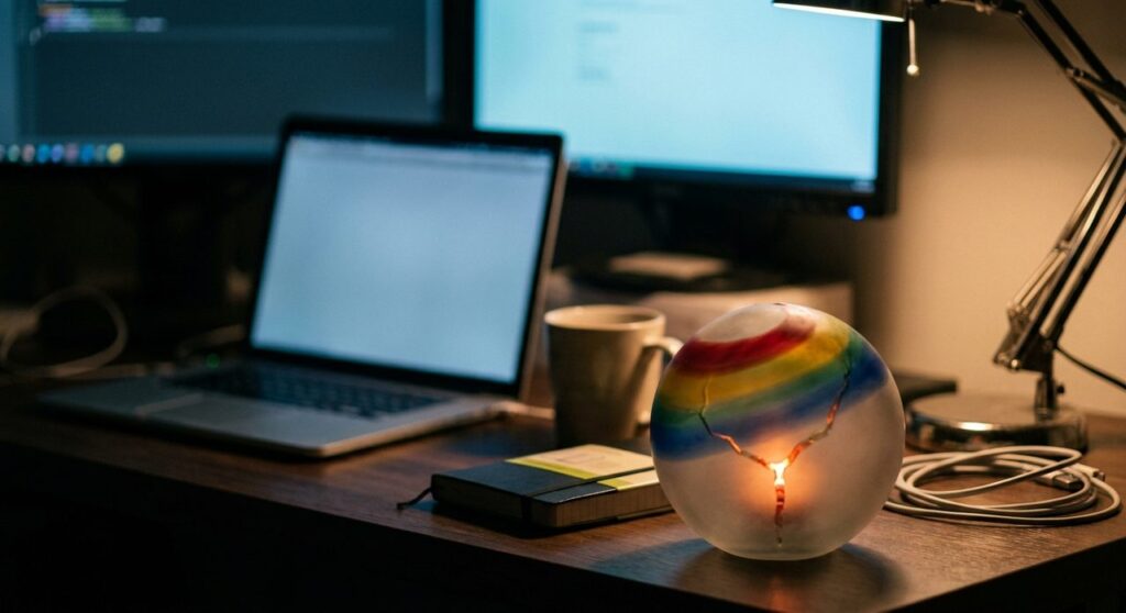 A cracked glass sphere in Chrome browser colors glowing on a developer desk beside a laptop and monitors, symbolizing an actively exploited Chrome zero-day