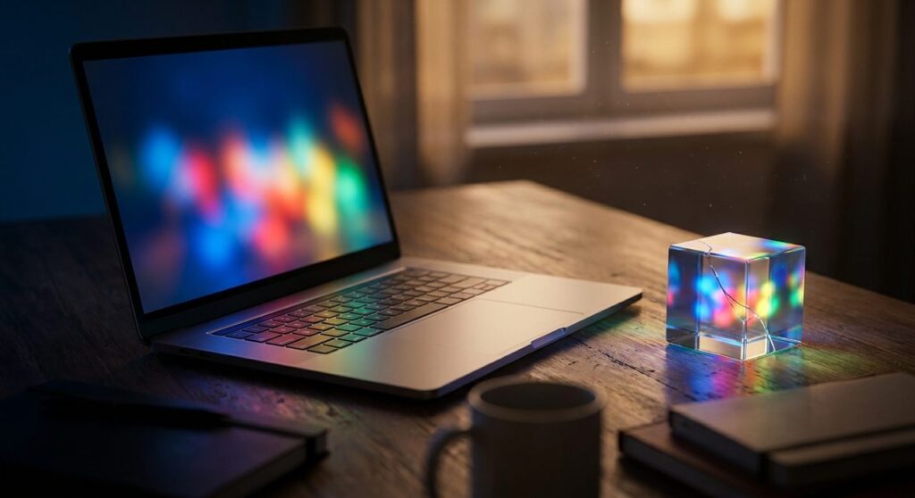 A laptop glowing with soft blue, red, yellow, and green light beside a cracked glass cube on a desk, symbolizing a breached browser security boundary