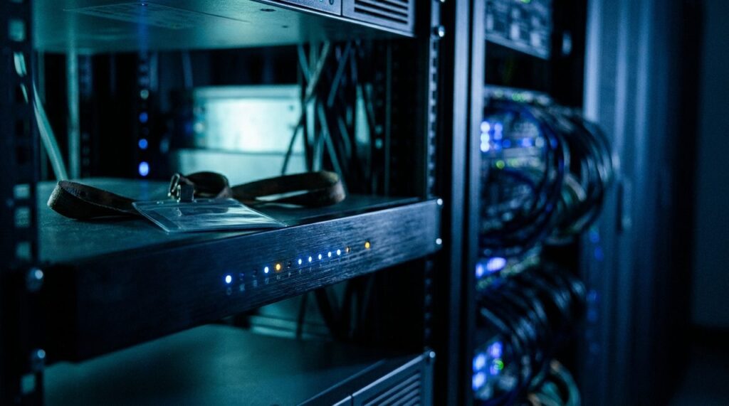 A rack-mounted network gateway appliance in a blue-lit data center, with a physical access badge resting on top, representing the Citrix NetScaler ADC and Gateway zero-day vulnerabilities