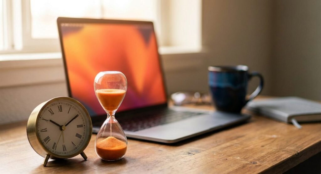 Desk with a laptop glowing warm orange, an hourglass, and an analog clock, symbolizing a WordPress sale-page countdown timer