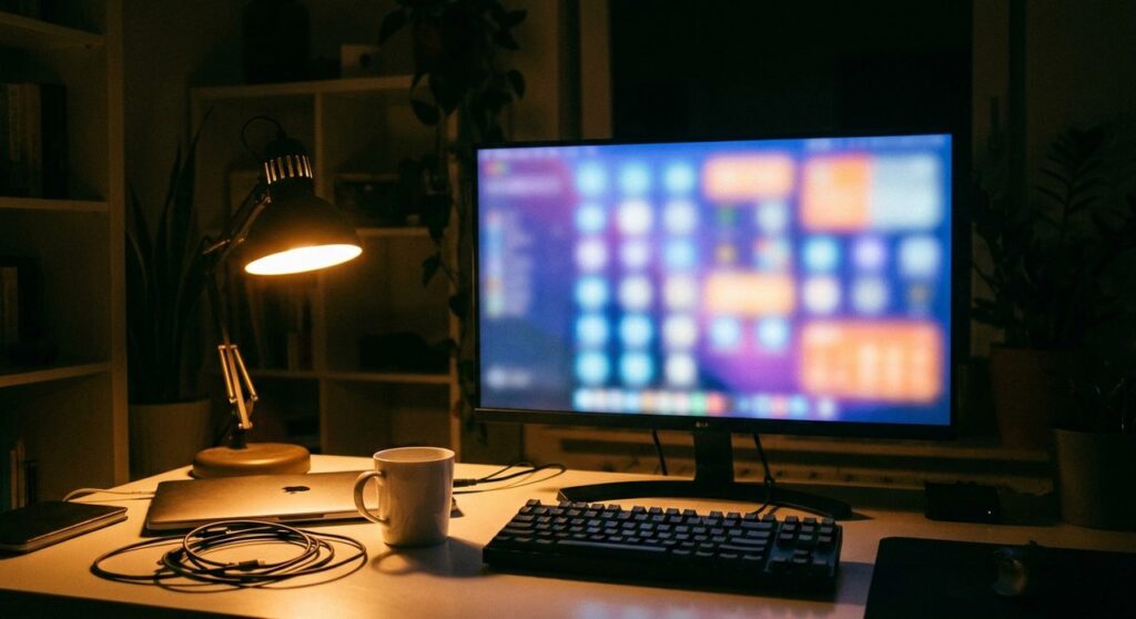 A dark home office desk at night with a glowing monitor showing an abstract content dashboard, a desk lamp, laptop, and coffee mug