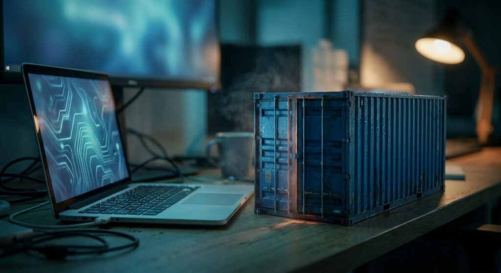 A small steel shipping container in Docker brand blue sits on a desk next to a laptop, with light leaking from a gap in its door, symbolizing a Docker Sandboxes container escape vulnerability