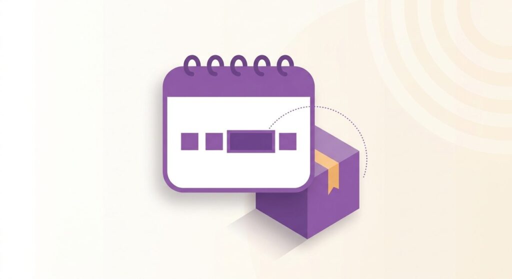 Illustration of a calendar with a highlighted delivery date range next to a package box, representing WooCommerce estimated delivery date plugins
