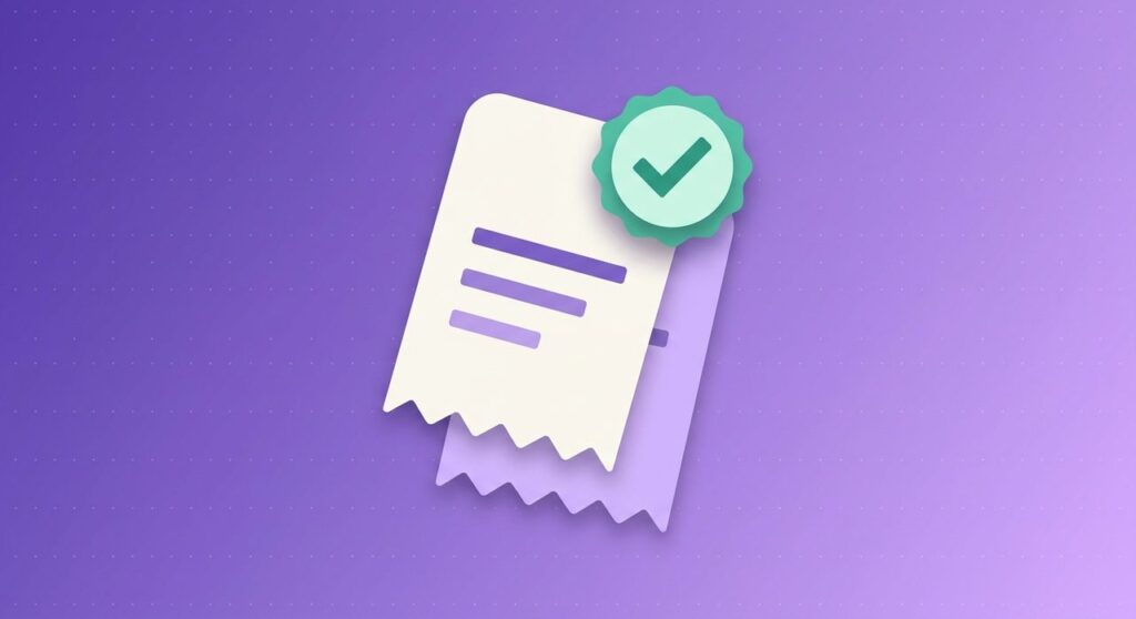 Illustration of a receipt with a verified checkmark seal, representing EU VAT number validation on a WooCommerce checkout