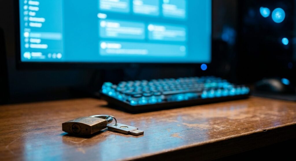 A brass padlock and USB security key on a wooden desk in front of a monitor glowing WordPress blue, symbolizing plugin licensing and premium access.