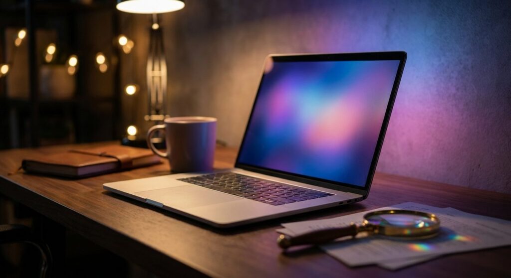 A laptop glowing with a blue, purple, and pink gradient on a desk at night, with a magnifying glass beside it