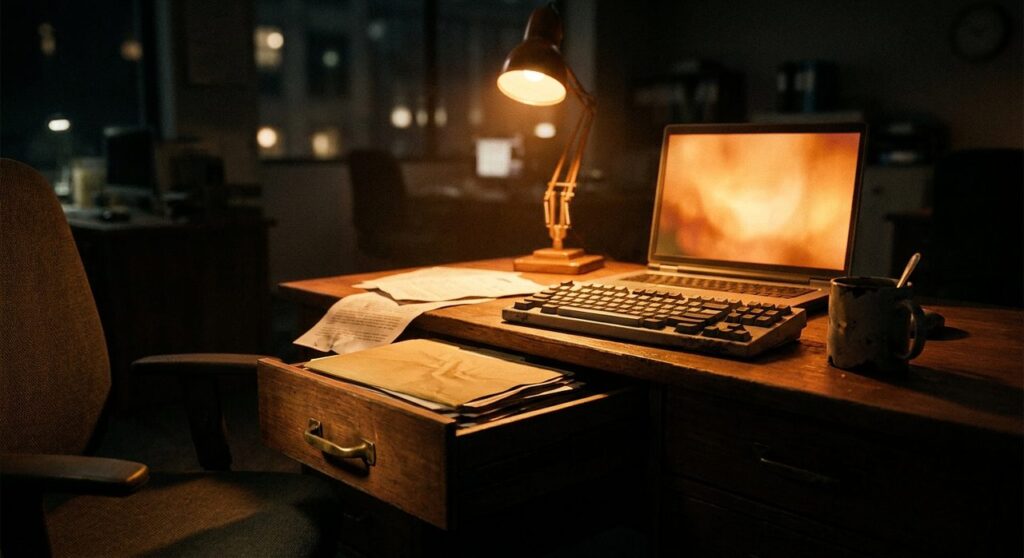 A dim office desk at night lit by a warm orange desk lamp, with a laptop glowing amber and a file cabinet drawer left ajar with a folder spilling out