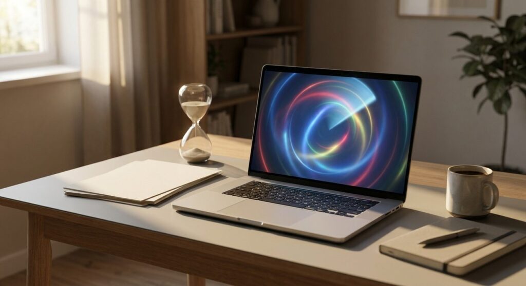 A laptop on a desk showing an abstract blue, red, yellow, and green light swirl representing a slow-moving Google search ranking update, with an hourglass beside it symbolizing the long rollout