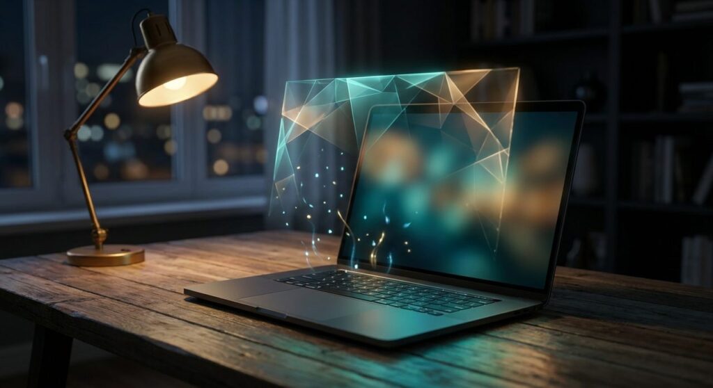 A laptop on a dark desk at night with a glowing translucent digital barrier of light shards partially closing over rising particles, symbolizing gated AI cybersecurity access