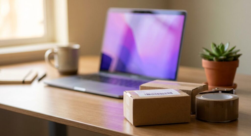 Desk with a laptop glowing WooCommerce purple next to shipping boxes and packing tape, symbolizing hiding a WooCommerce shipping method