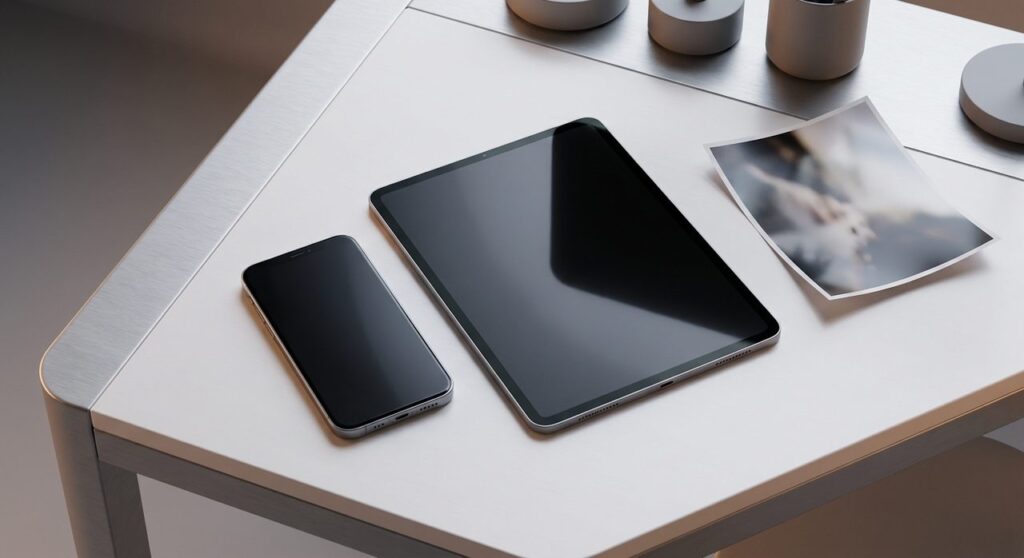 An iPhone and iPad on a clean desk beside a stray photo print, representing the iOS 26.7.1 CoreGraphics zero-day patch