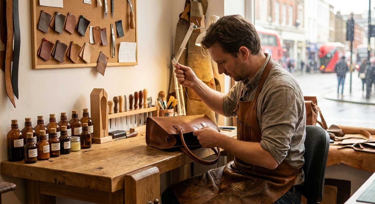 A craftsman restitching a leather handbag at a workbench inside a UK leather restoration workshop
