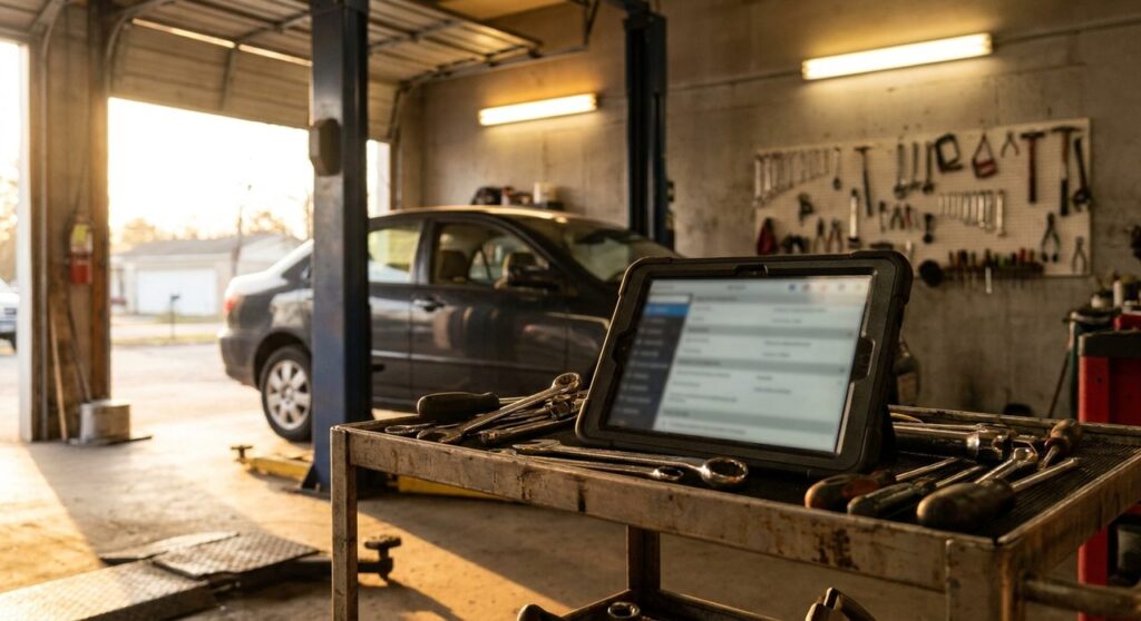 A tablet showing a blurred website layout sits on a tool cart in an auto repair shop service bay, with a car on a lift in the background