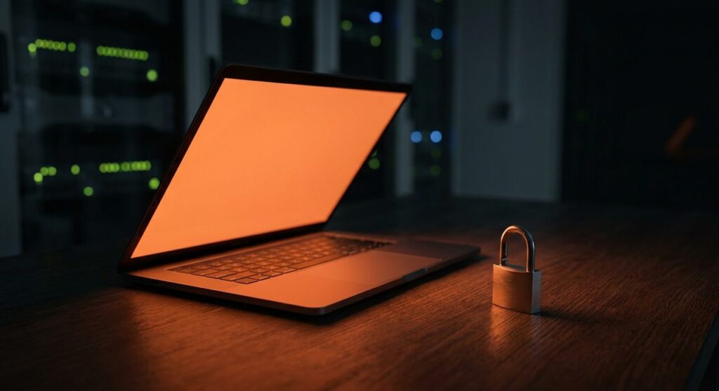 A laptop glowing with warm Magento orange light next to an unlocked padlock on a dark desk, with blurred server rack lights in the background