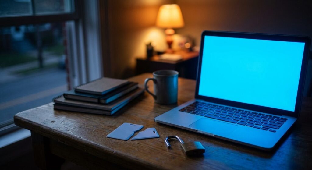A laptop glowing WordPress blue on a desk beside a broken keycard and an open padlock, symbolizing a WordPress plugin access-control vulnerability
