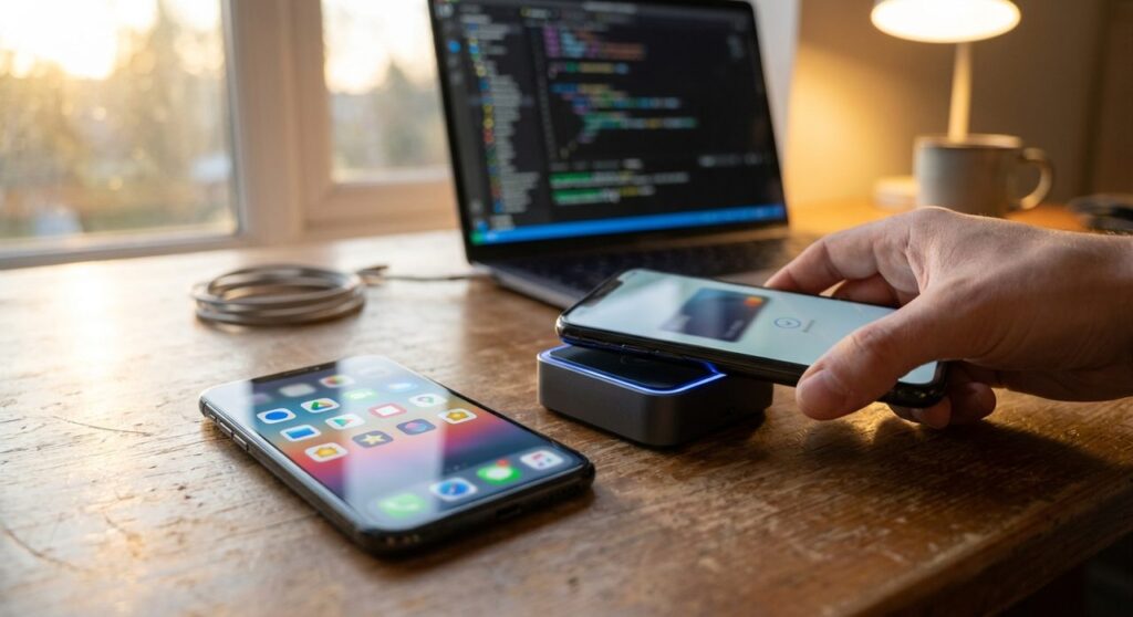 Two smartphones on a desk, one showing a native app home screen and the other tapping a payment reader, with a laptop code editor blurred in the background