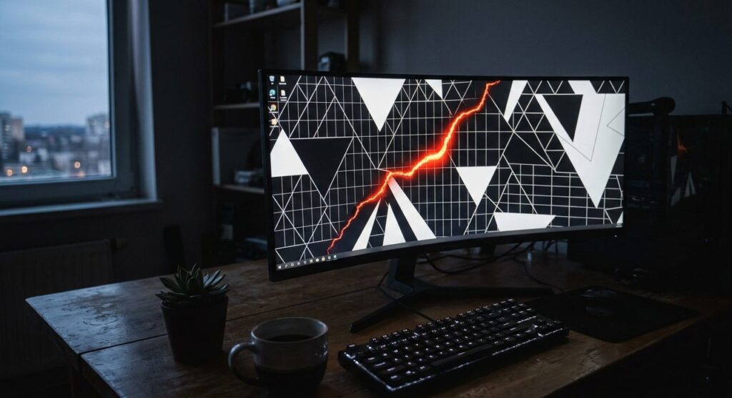 Monitor displaying a black and white geometric pattern split by a glowing red crack, symbolizing a critical flaw in Next.js ImageResponse