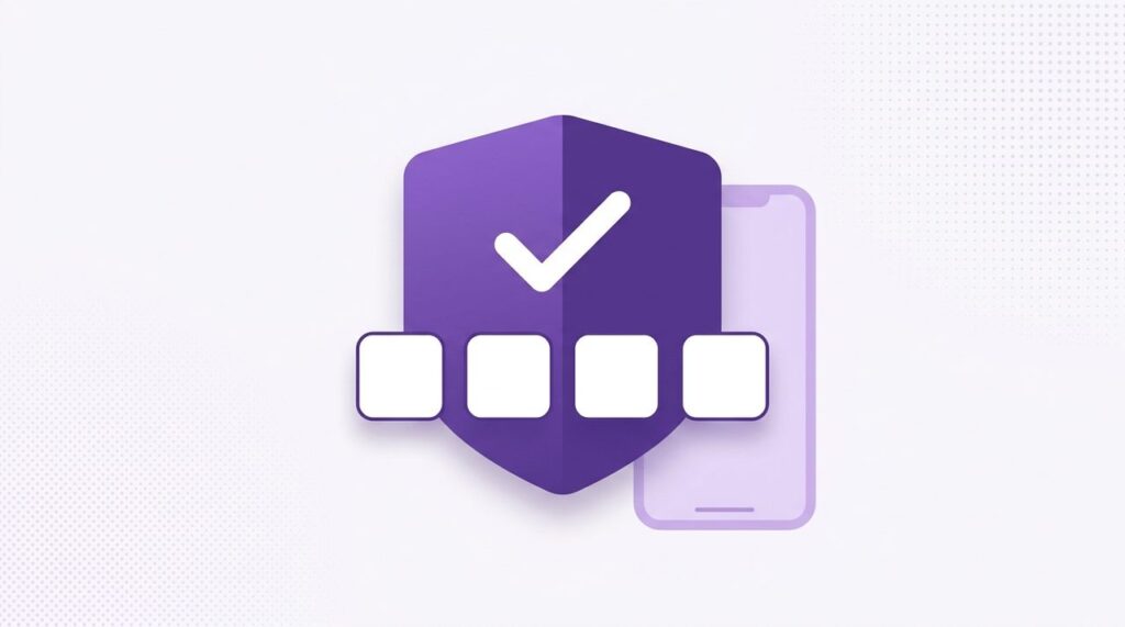 Illustration of a shield with a checkmark, empty OTP verification boxes, and a phone, representing OTP verification at WooCommerce checkout