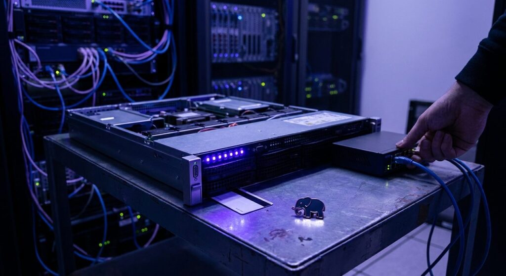 A server unit being connected to a network switch in a violet-lit server room, with an access badge and a small elephant charm on the workbench, evoking PHP security patches
