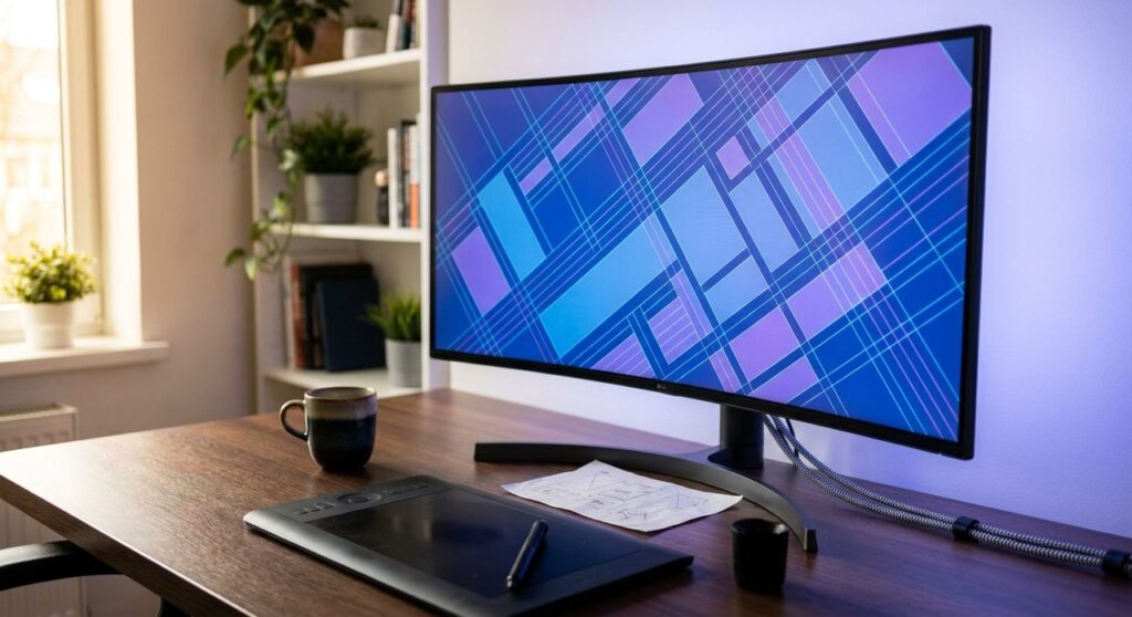 Home office monitor displaying an abstract blue and violet grid-patterned Webflow layout mockup next to a graphics tablet and stylus