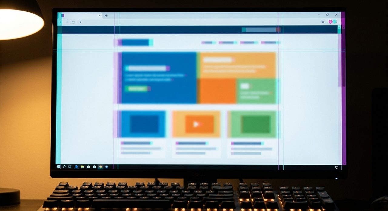 A monitor showing a live website build with a semi-transparent design overlay and cyan and magenta alignment guides checking pixel accuracy against the source file