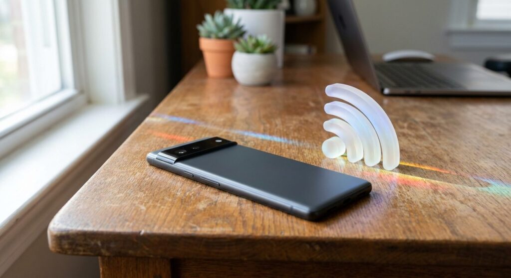 A Pixel-style smartphone lying face-down on a wooden desk next to a translucent glass sculpture shaped like a signal wave, symbolizing a cellular modem vulnerability
