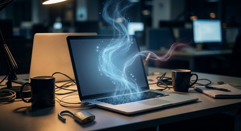 A laptop on a desk at night with abstract light streams rising from the screen and an open padlock beside it, symbolizing a security flaw in AI coding agents
