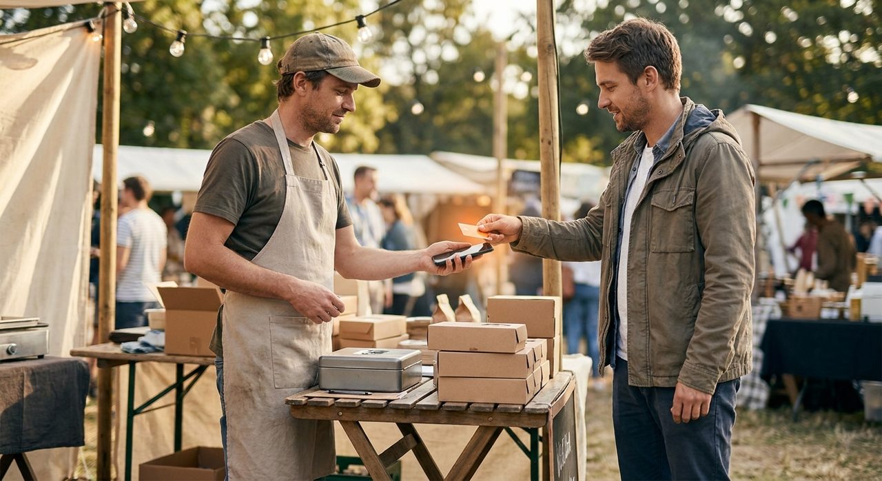 A pop-up market vendor accepting a Tap to Pay mobile payment from a customer at an outdoor stall