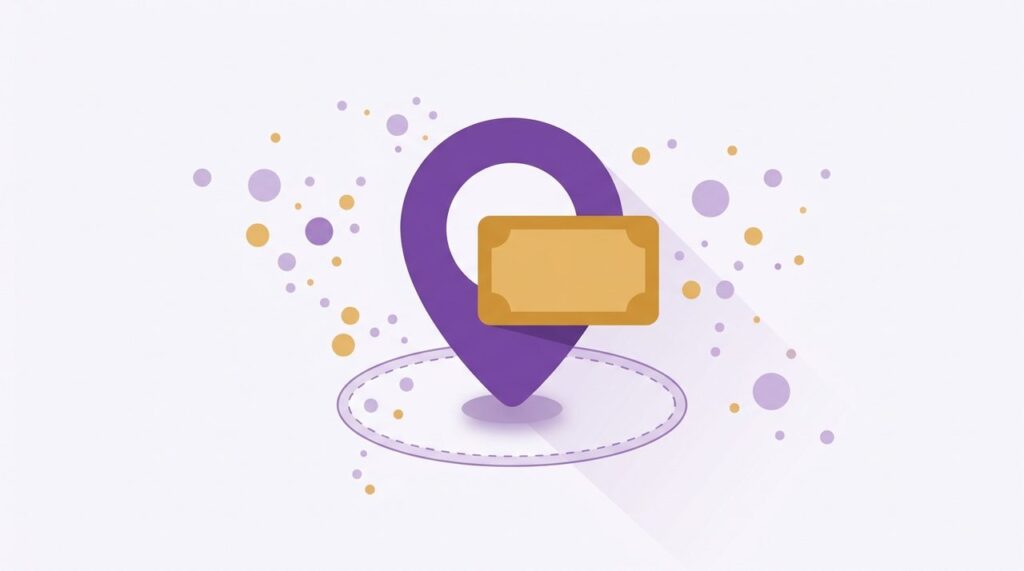 Illustration of a location pin with a service-radius ring and a banknote shape, representing restricting cash on delivery by pincode in WooCommerce