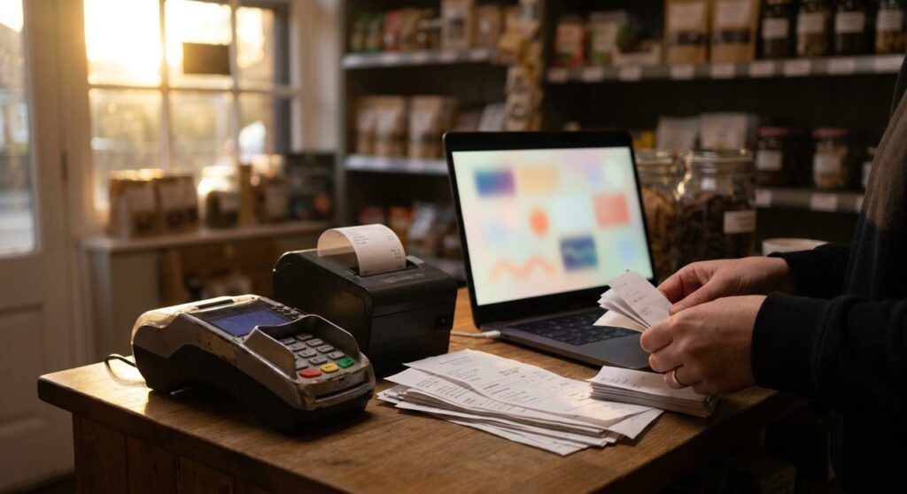 A small retail shop counter at closing time with a card payment terminal, receipt printer, stacked paper sales reports, and a laptop showing an abstract dashboard while a shopkeeper sorts receipts by hand
