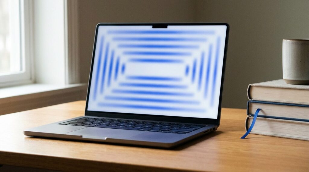 Laptop showing an abstract blue outline graphic next to a stack of books with a ribbon bookmark, representing a table of contents plugin for the WordPress block editor