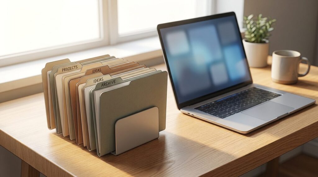 Organized labeled file tabs next to a laptop, representing tabs block plugins for the WordPress block editor